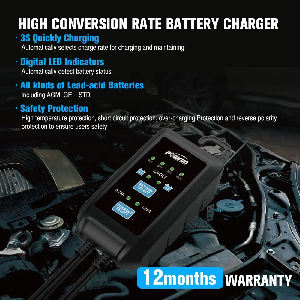 POWRUN 12V Repair Type Lead-acid Battery Maintainer Emergency STD AGM GEL Battery Desulfator Maintainer for Truck