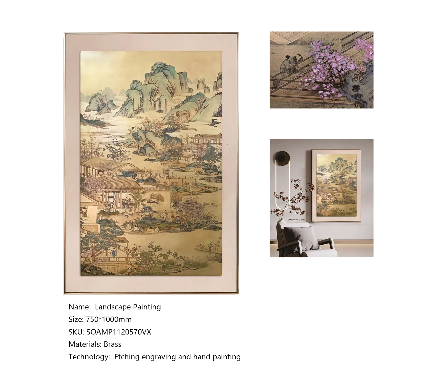 Art Manufacturer Chinese Colorful Landscape Painting Brass Copperplate Etching for Restaurant
