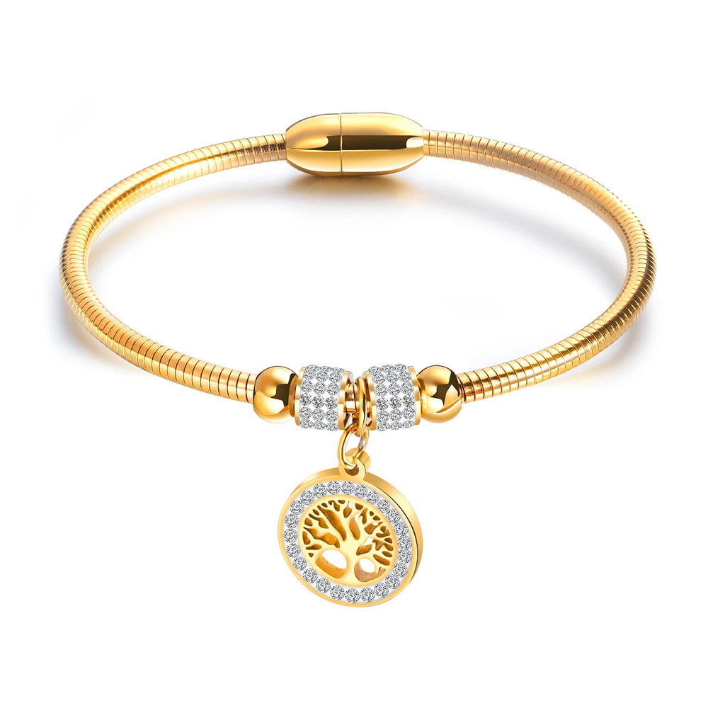 Fashionable Stainless Hollow Tree Of Life  Diamond And Magnetite Titanium Steel Bracelet Bangle