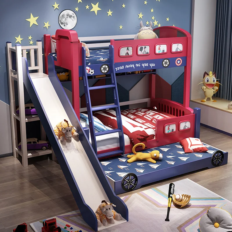 Popular design red and blue color solid wood 3 tier children bunk bed for girls and boys