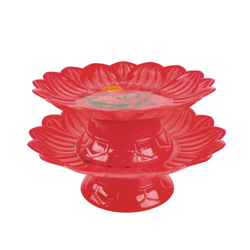 Red Plastic Circular High Legged Flat Plate Lotus Tribute Offering Wedding Candy Dry Fruit Tray
