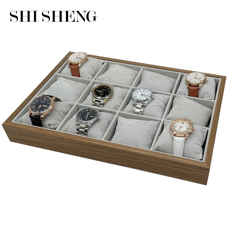 SHI SHENG High Quality Black Walnut Wood 12 Grids Watch Tray With Pillow for Jewelry Tray Bracelet Bangle Watch Display Holder