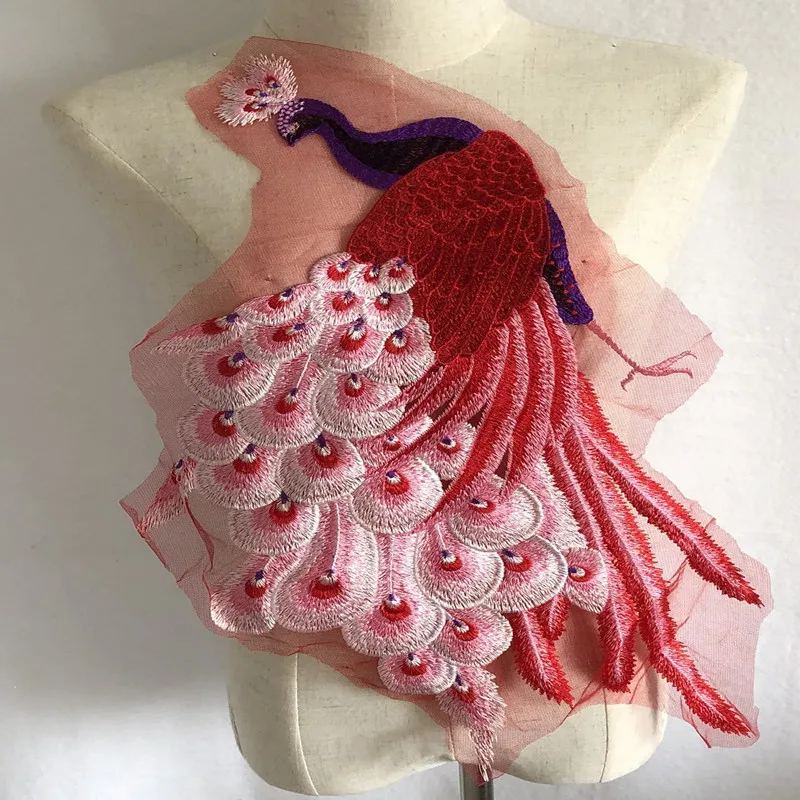 Chinese Style Big Peacock Mesh Embroidery Cloth Patch Mesh Yarn Embroidery Patch Cheongsam Dress