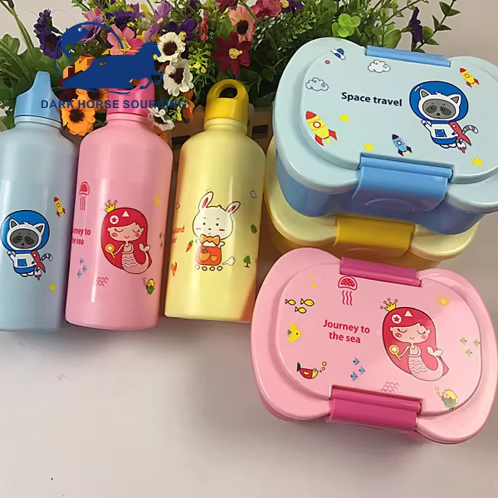 2024 School Kids Double Water Bottles Leakproof Plastic Microwave Snack Sandwich Food Container Cartoon Portable Bento Lunch Box