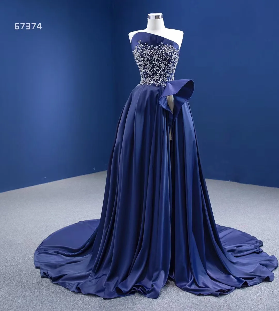 MAE0018 Elegant Dinner Sleeveless Long Slit Embroidered Party Evening Dress Navy Blue Quinceanera Dress