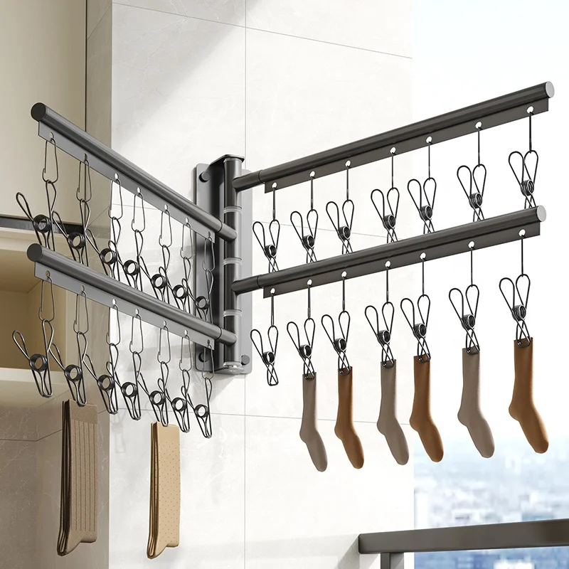 Gun Grey Wall Mounted Retractable Bracket Space Aluminum Sock Drying Towel Rack Folding White