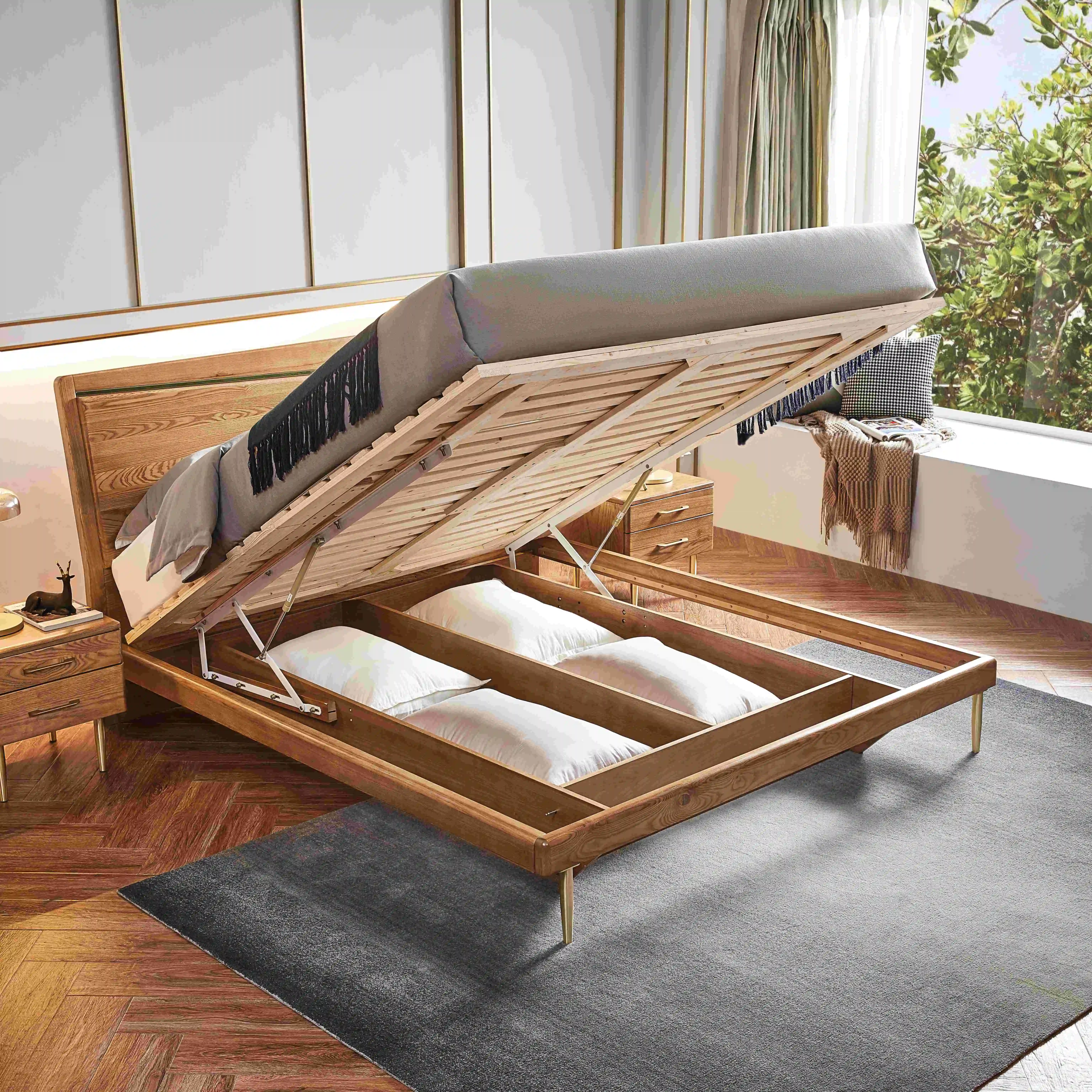 Modern Bedroom Furniture Simple Design Wooden Bed Metal or wooden legs solid wood bed