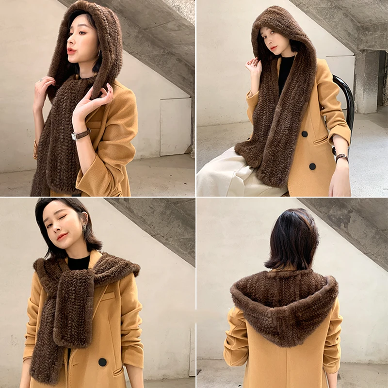 Женская зимняя шаль из натурального меха норки шарф ручной вязки меховые шали с капюшоном норковые шумоглушители хорошего качества