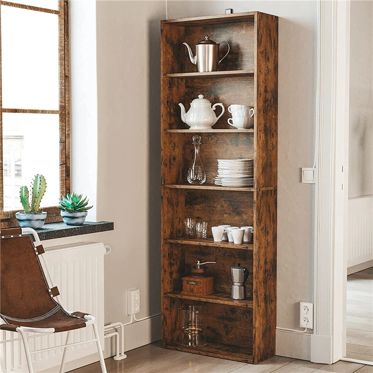 Six story simple standing oak bookshelf wooden storage rack for schoolroom