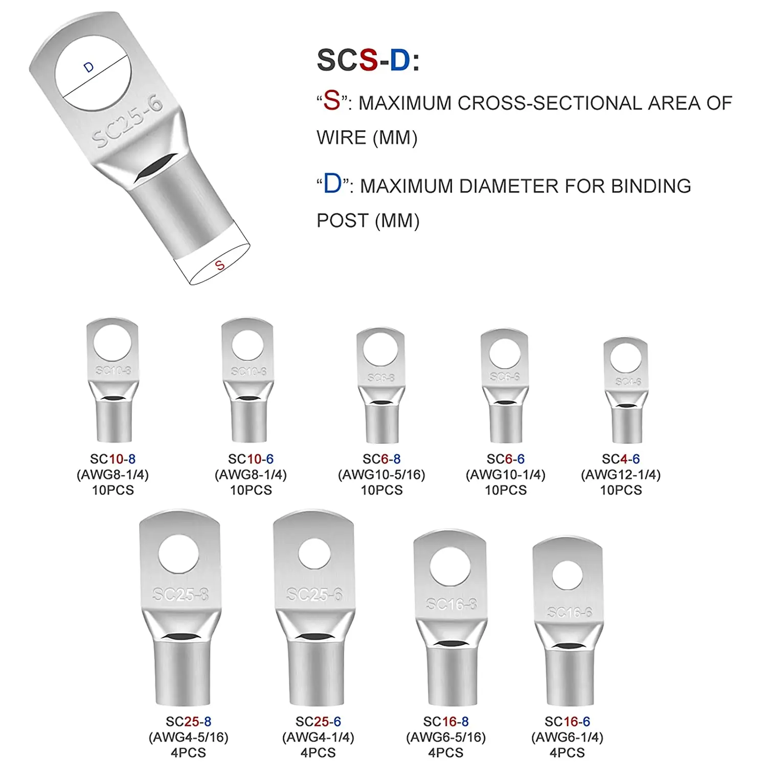Battery Terminal Connectors, 4 6 8 10 Gauge Wire Connectors Battery Terminals Tinned Cable Ends Copper Wire Lugs