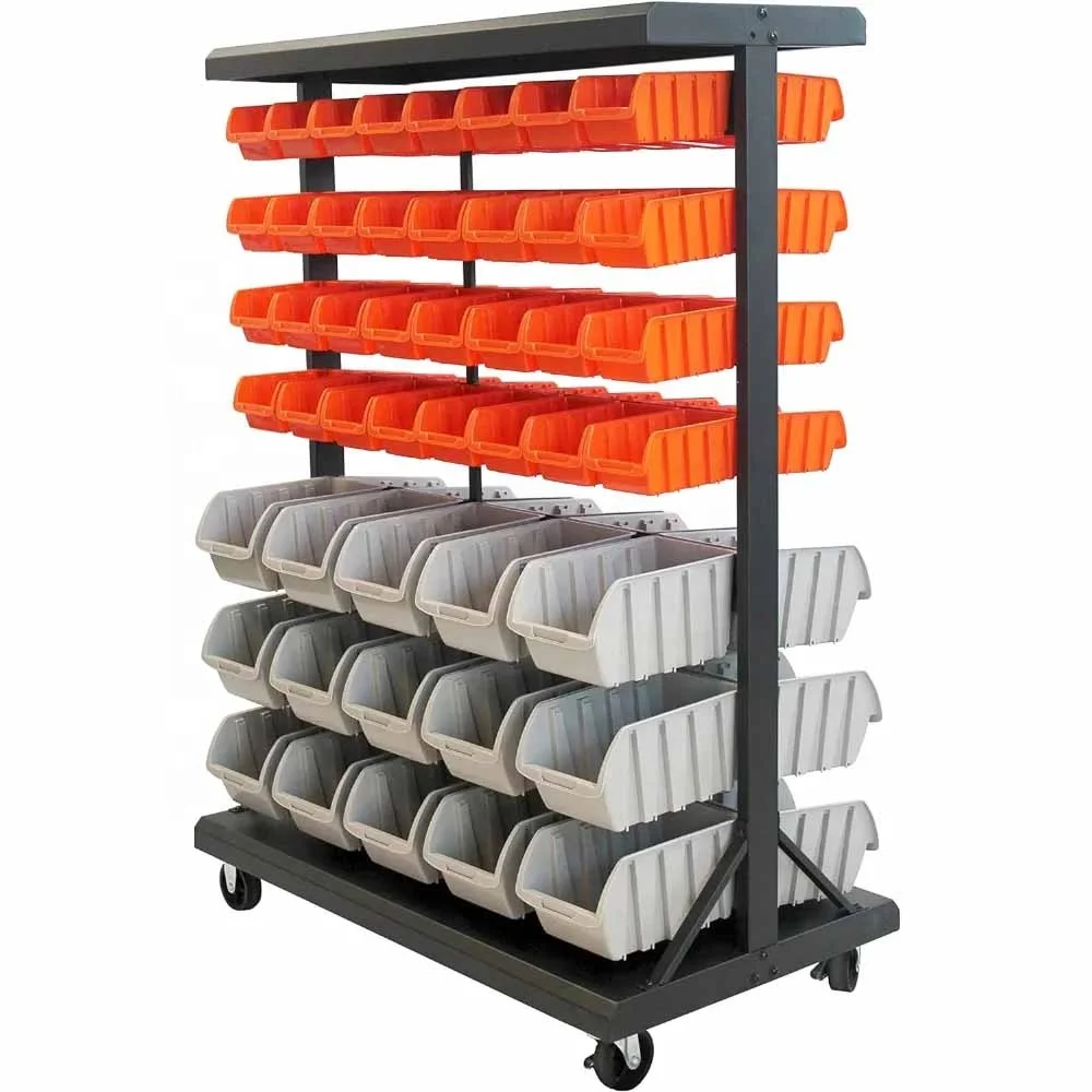 Dual-Sided Mobile Black Rolling Bin Rack Metal Shelving Plastic Warehouse Bin Storage with Wheels
