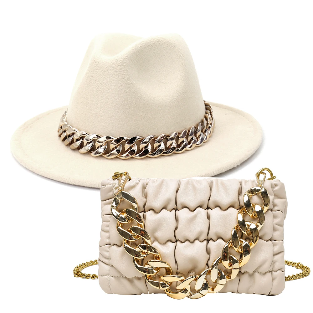 2022 Ladies Small Square Hand Purses Girl Metal Chain fedora hats and purse set Shoulder Bags Quilted PU Leather Handbags Women