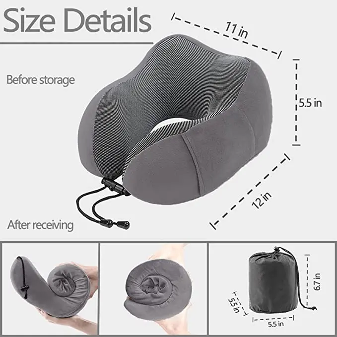 Travel Neck Pillow, U-Shape Head Support Soft Pillow with Side Storage Bags, for Sleep Rest, Airplane