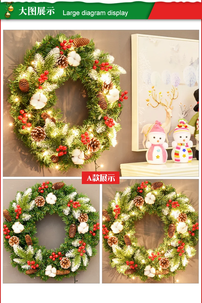 2022 New Beautiful Golden Warm LED Christmas Wreath Artificial Natural Pine Ball Wreath