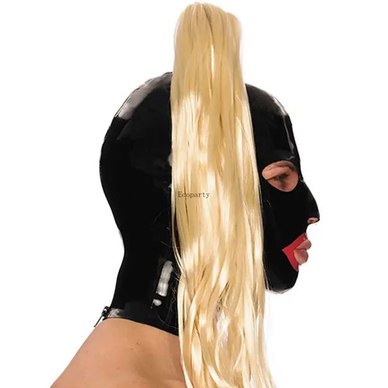New Latex Hood Mask With Mouth Red Trim Eyes Nose Hole Zipper Ponytail Wigs Fetish Black Sex Party Masks