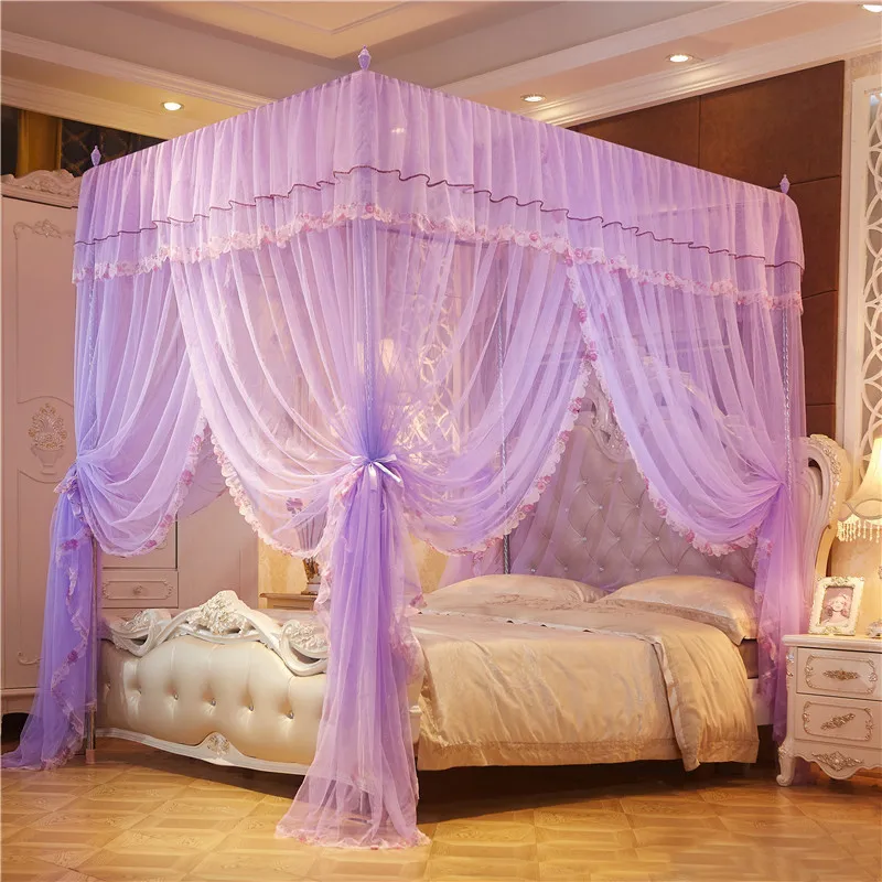 Wholesale Princess Stainless steel Frame rectangular Palace Curtain Lace King Size Bed Mosquito Net