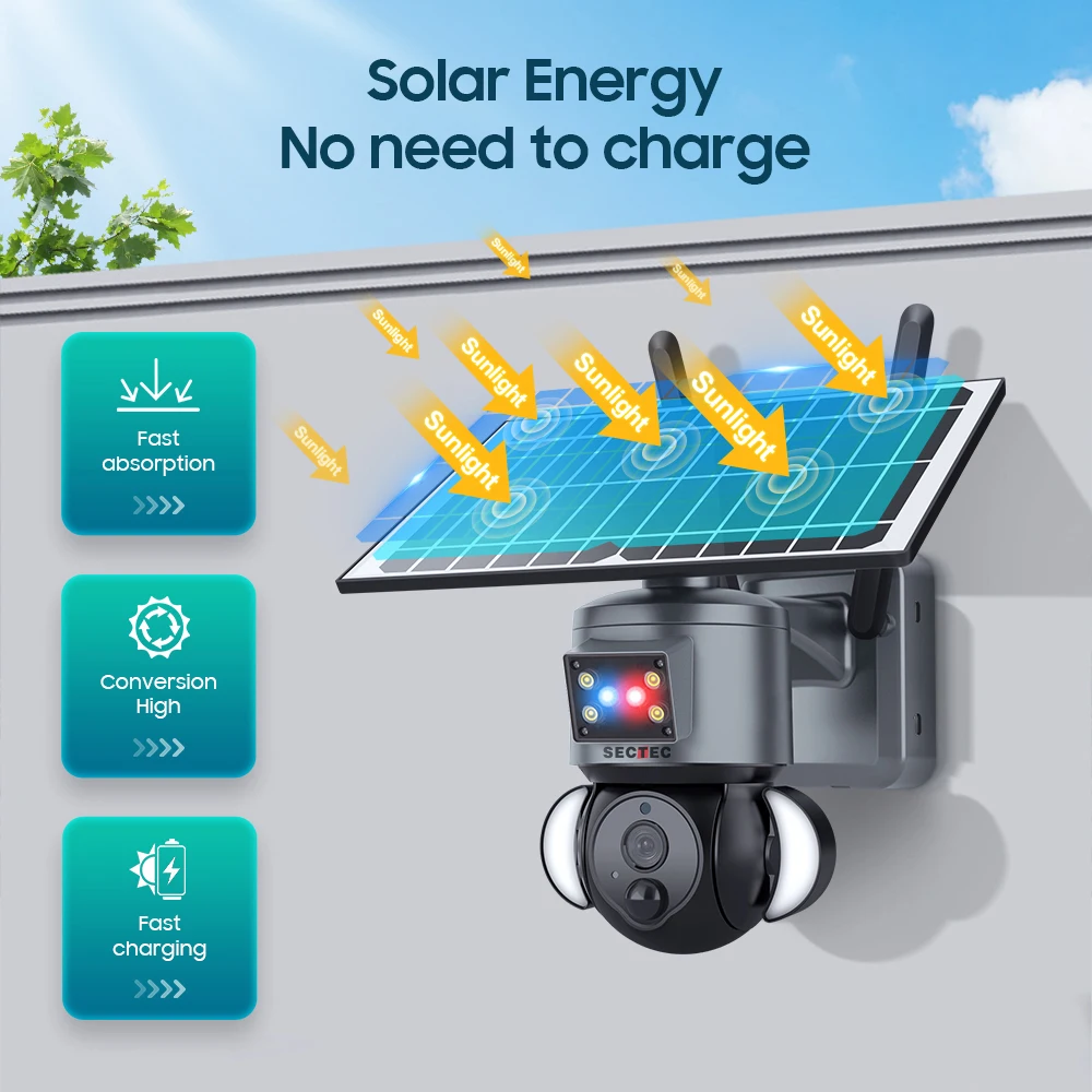 High Cost Performance Sectec HD 3MP 4G PIR Camera Waterproof Security System Wireless PTZ Floodlight Solar CCTV Camera