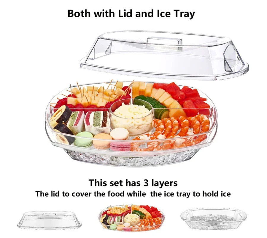 Chilled Veggie Tray 15 Inch Plastic Clear Party Platter Ice Serving Bowl with Lid Cold Food Buffet Server with 4 Compartments