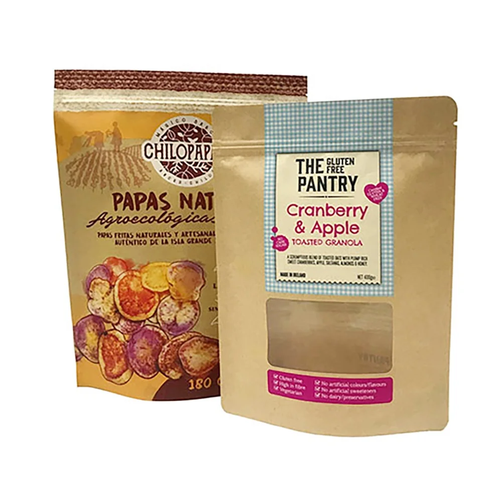 Custom Printed Packaging Coffee Tea Resealable Doypack Zipper Stand Up Pouch Sealable Brown Kraft Paper Bags With Clear Window