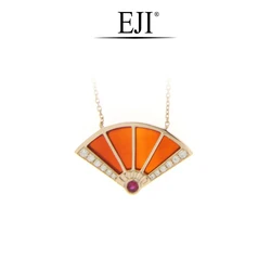 18K Rose Gold Red Agate Ruby Diamond Asian Fan Necklace | Oriental Motif