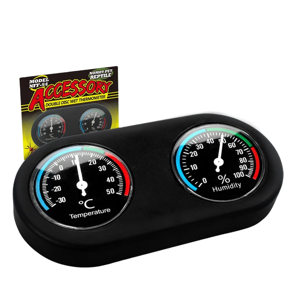 Black Plastic Double Dial Mechanical Induction Thermometer and Hygrometer for Reptile Terrariums