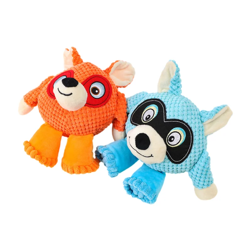 New Design Pet Plush Toy Teeth Cleaning Cartoon Kawaii Animal Shape Fox Wolf Raccoon Washable Squeak Dog Bite Toy