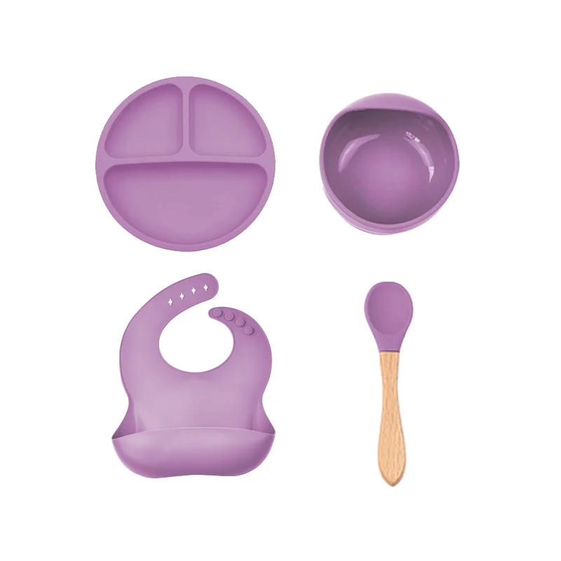 
Hot Selling personalized Baby Silicon Suction Bowl Waterproof organic Silicone Bibs feeding set 