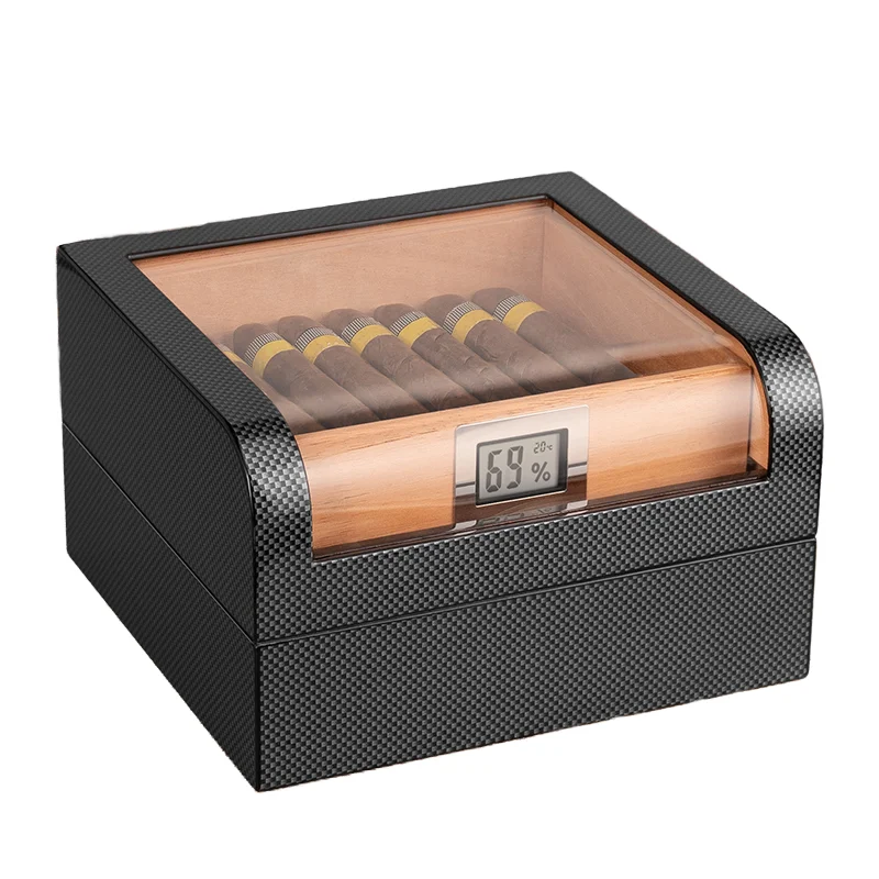 Customized High Gloss Carbon Fiber and Glass-Top 30 Cigar Humidor Cabinet New Wood with Hygrometer and Humidifier Case Pattern
