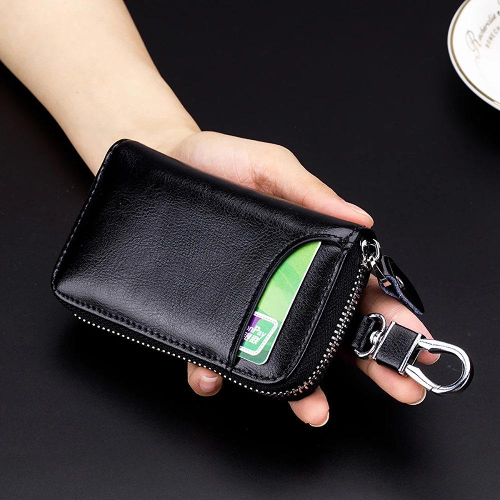 Functional unisex zipper leather key holder bag car key wallet case for men women