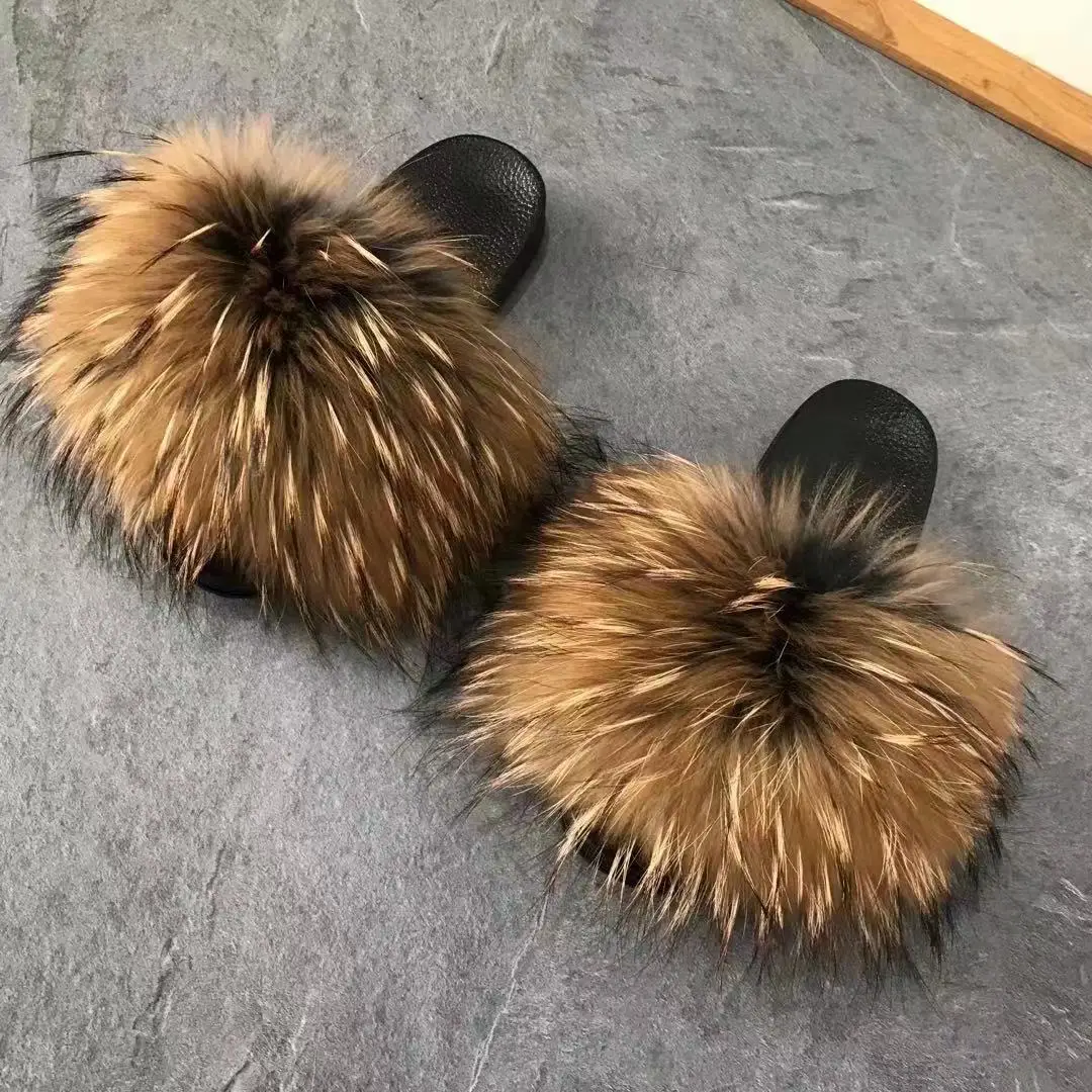 
New fashion ladies summer solid color beech wood custom color soft velvety fluffy raccoon leather slippers buy raccoon leather s 