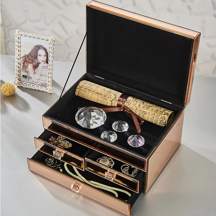 Customized handmade decorative mirror jewelry box glass rose gold jewellery box