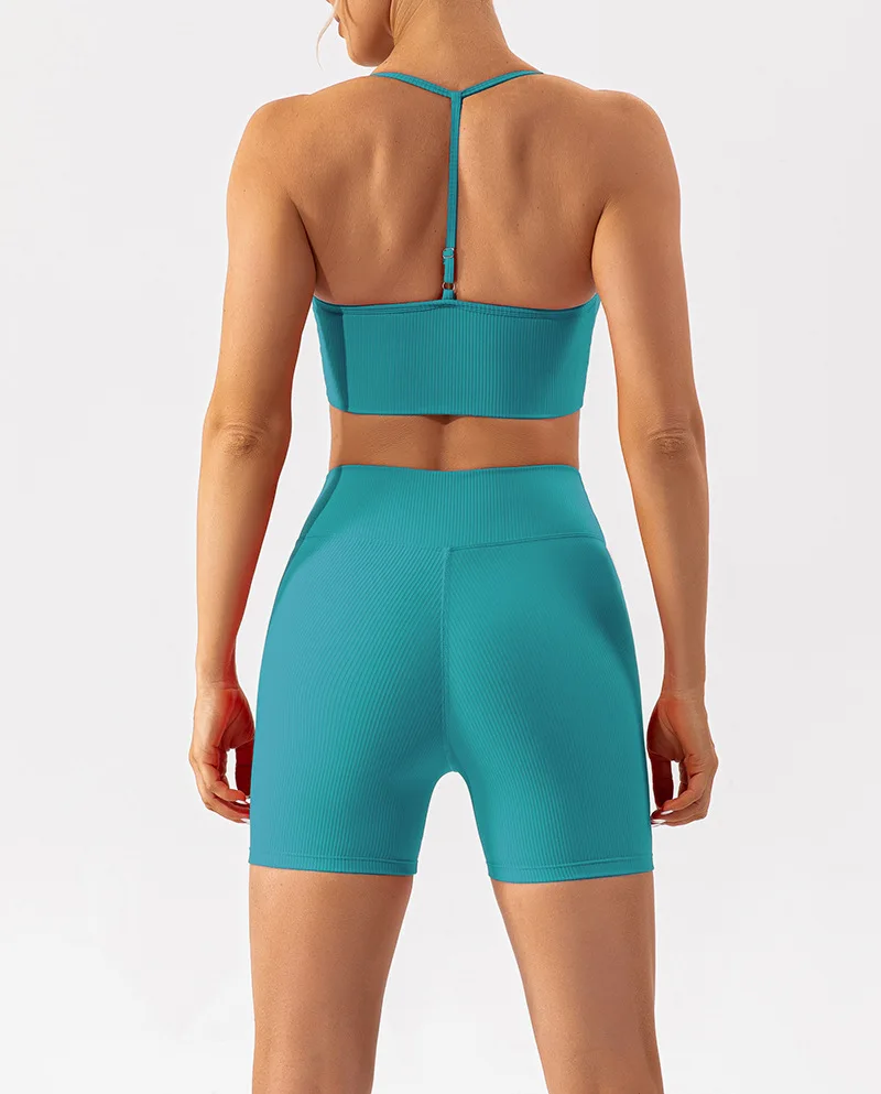 2023 Sexy Workout Thin Strap Bra V Cut Cross Waist Shorts Leggings Crop Top 5 Piece Gym Fitness Wear Yoga Suit Set For Women