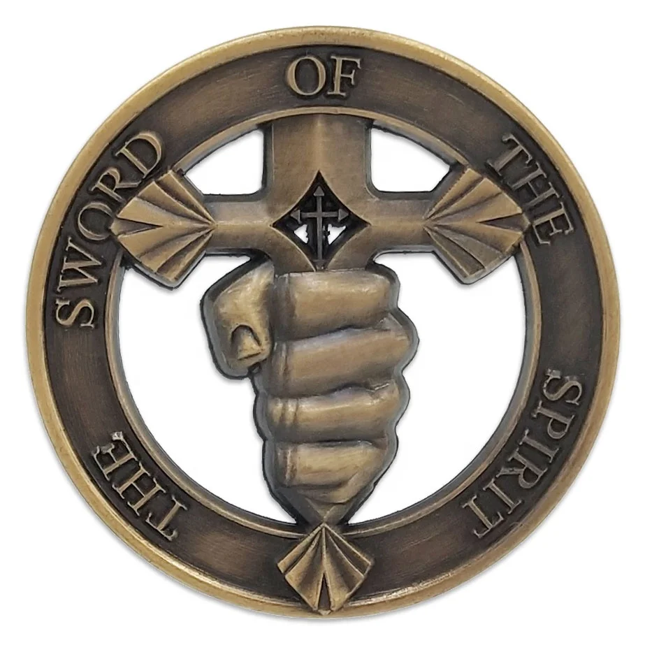 Custom metal 3D embossed logo sword cross medallion antique gold coin customization souvenir coins