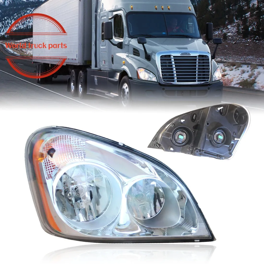 LH Headlight, Halogen with turn light, Chrome, 2008-2017, Freightliner Cascadia