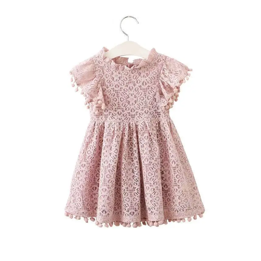 Green Horizon Summer Solid Lovely Lace Baby Princess Dresses 3 color Openwork Design Short Sleeve Girl Dress