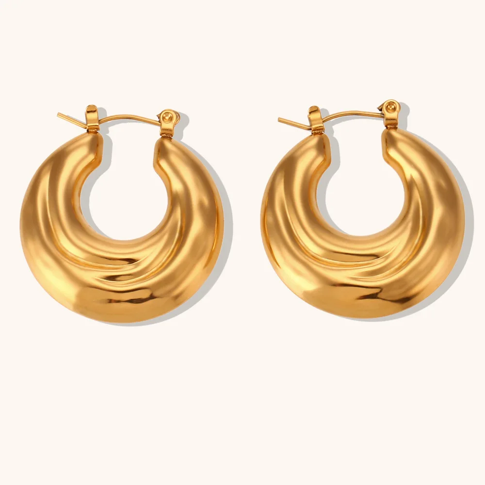 Simple 18K Gold Plated Stainless Steel Ear Buckle Jewelry Accessories Ocean Wave Vortex Pattern Hollow Hoop Earrings
