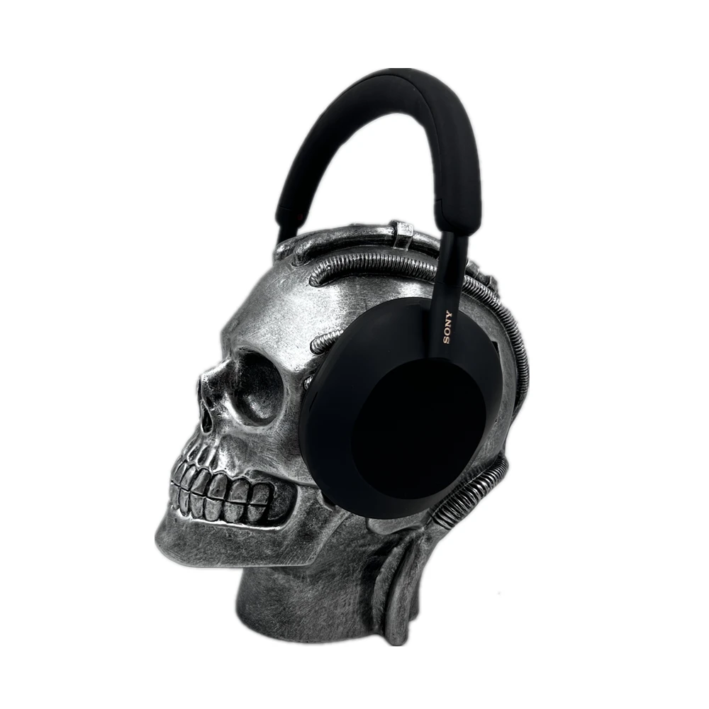resin headset earphones headphone holder modern steampunk home decor skull head bust statue sculpture