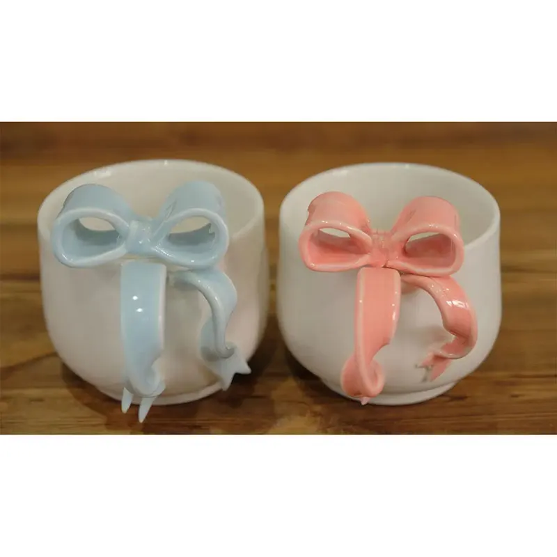 Ins new girly bow handle ceramic coffe cup Christmas Valentine Day couple gift set customized 3d cute mugs for girls