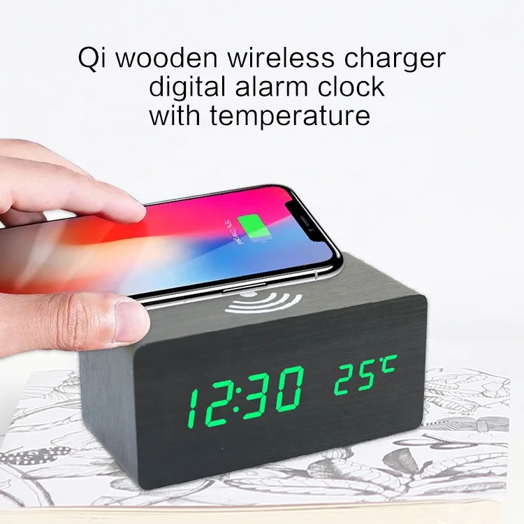 EMAF hot-sale Mobile phone Qi wireless charging wooden alarm clock with temperature date display