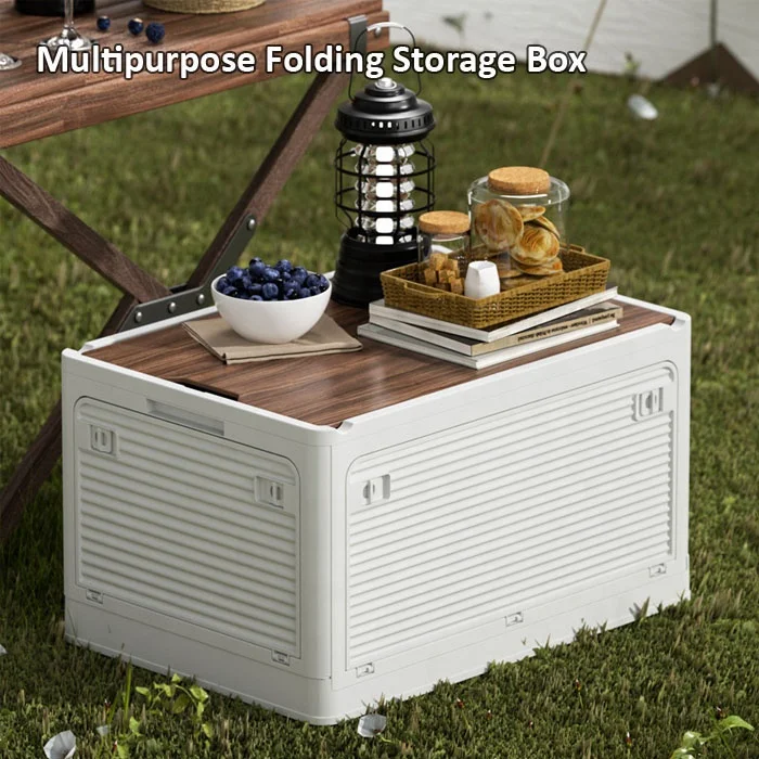 Anjuny Custom Logo Home Car Outdoor Plastic Folding Camping Storage Box with Wood Lid Storage Box