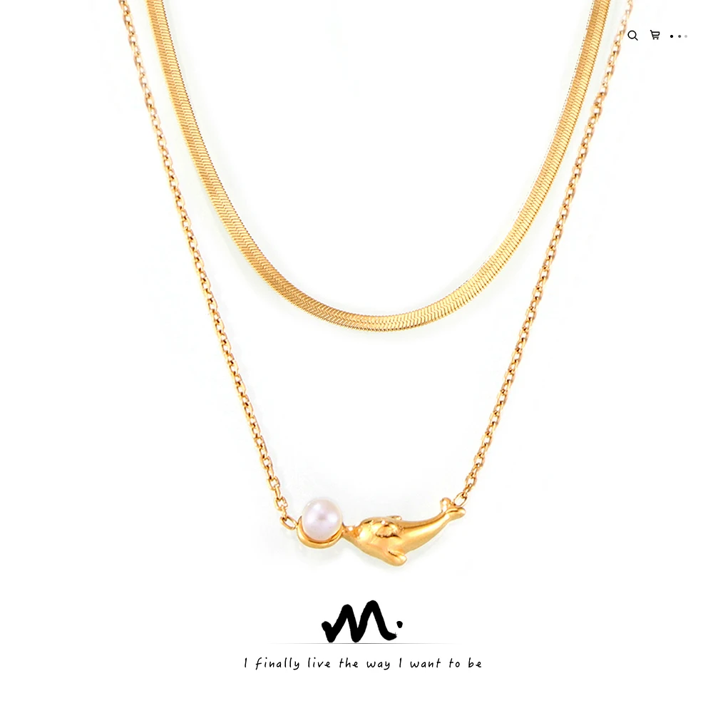 2024 fashion chains  jewelry manufacturer Wholesale Dolphin splicing a pearl medallion 18K 316L double Stainless Steel Necklace