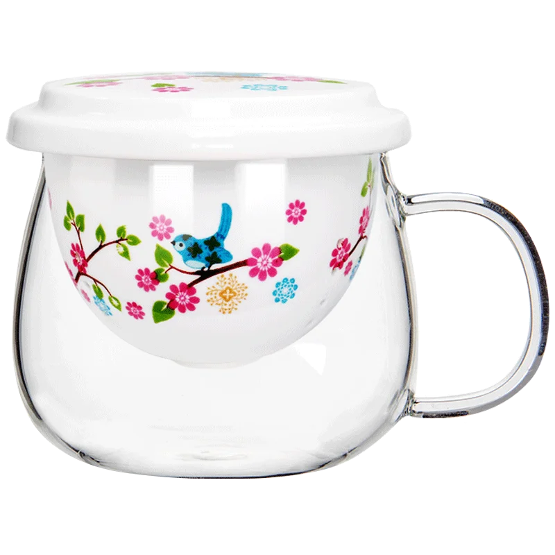 Customizable pattern Good luck on the branch of the bird Ceramic Porcelain with Filter And Lid  Coffee Tea Infuser Glass Cup