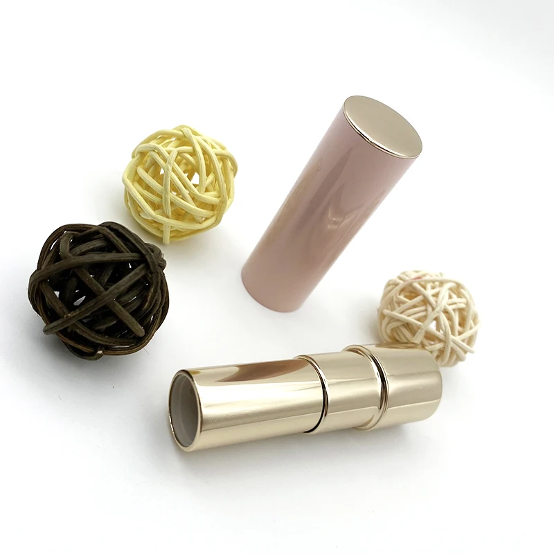 Empty pink gold round lipstick tube vertical fine Stripe three parts additional top metal piece flat inner tube click top tube