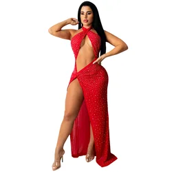 Women Glitter Sequin Hot Rhinestones Halter Neck High Slit Sexy Maxi Dress Hot diamond-studded mesh wrap chest slit dress