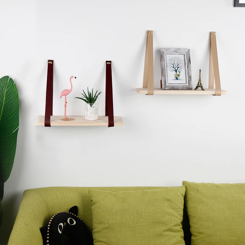 Rustic wooden wall mounted hanging shelf with leather strap wall hanging shelves