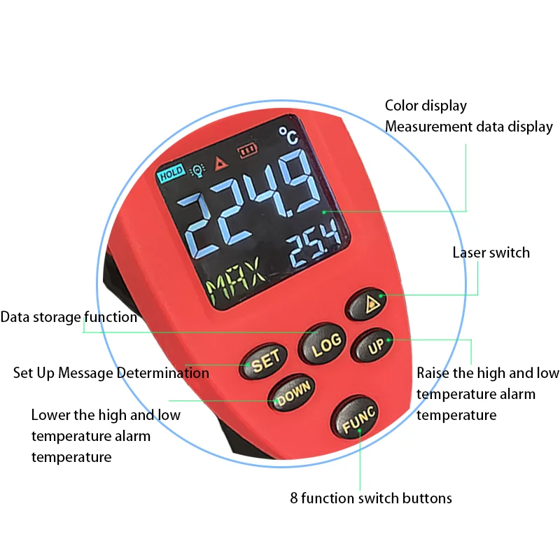 Pyrometer 1800c Industrial industrial Non-contact IR infrared temperature measuring gun 100 sets of data storage