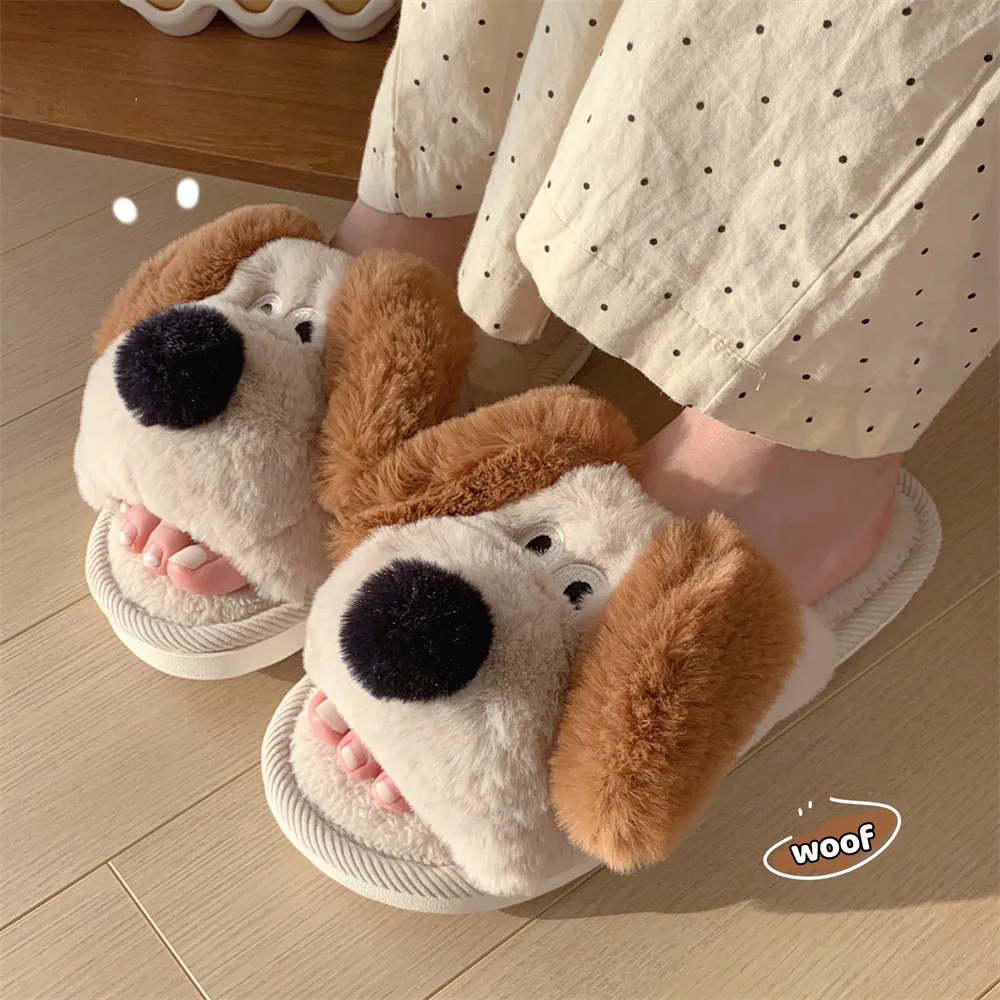 XIXITIAO fuzzy sandals dog house flat plush shoes indoor winter non slip cute animal plush slippers for women girls