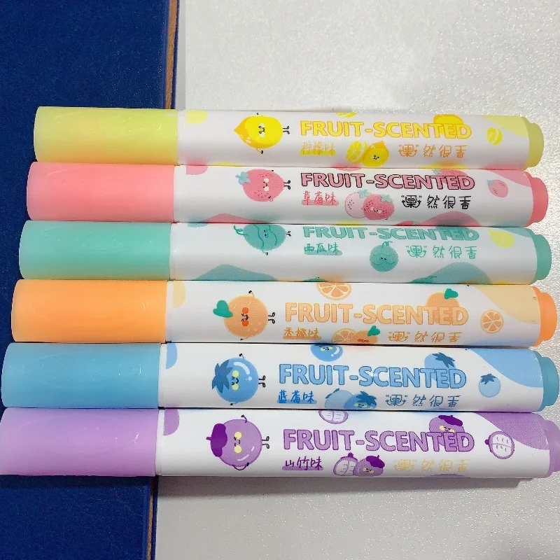 Customizable 6 Color Highlighter Marker Pen Set Chisel Tip for Students and Children Drawing Writing Graffiti Cute Fruit Flavor