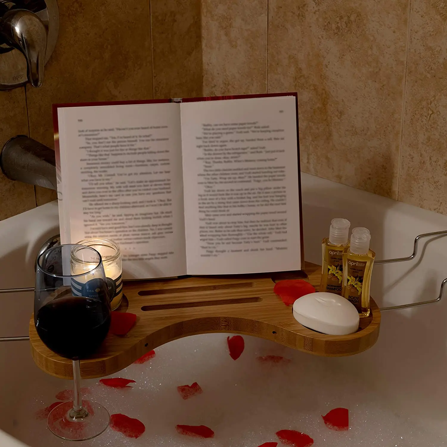 Luxury Expandable Tub Organizer Detachable Tablet Backrest  Wine Glass Holder Smartphone Holder Bamboo Bathtub Caddy Tray