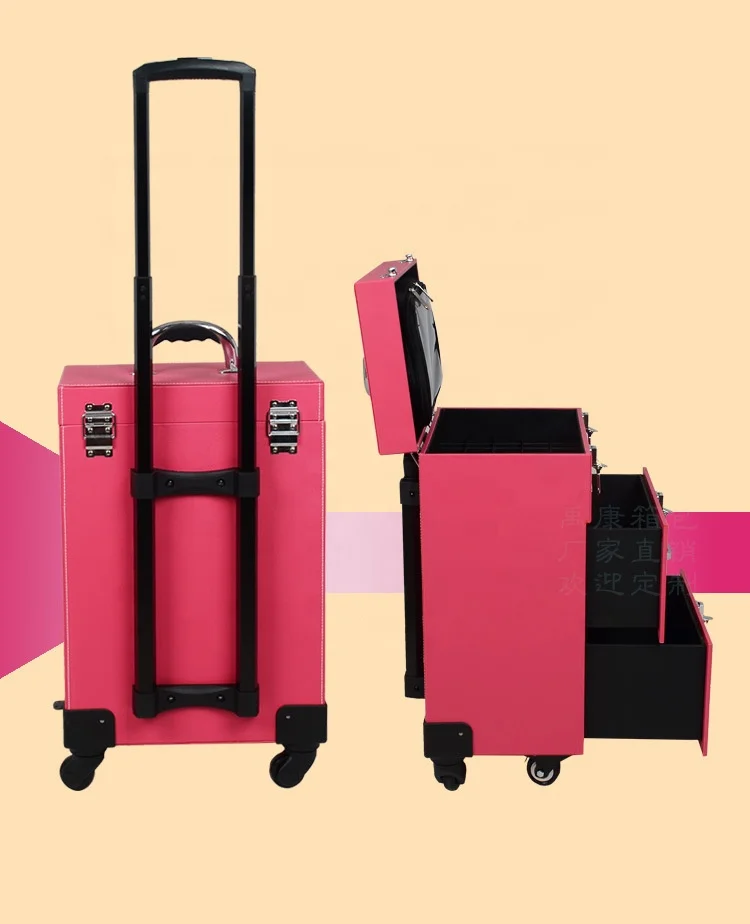 Aluminum Makeup Train Case Nail Polish Organizer Rpllinig Cosmetic Case Hot Selling Expandable Makeup Trolley Case with 4 Wheels